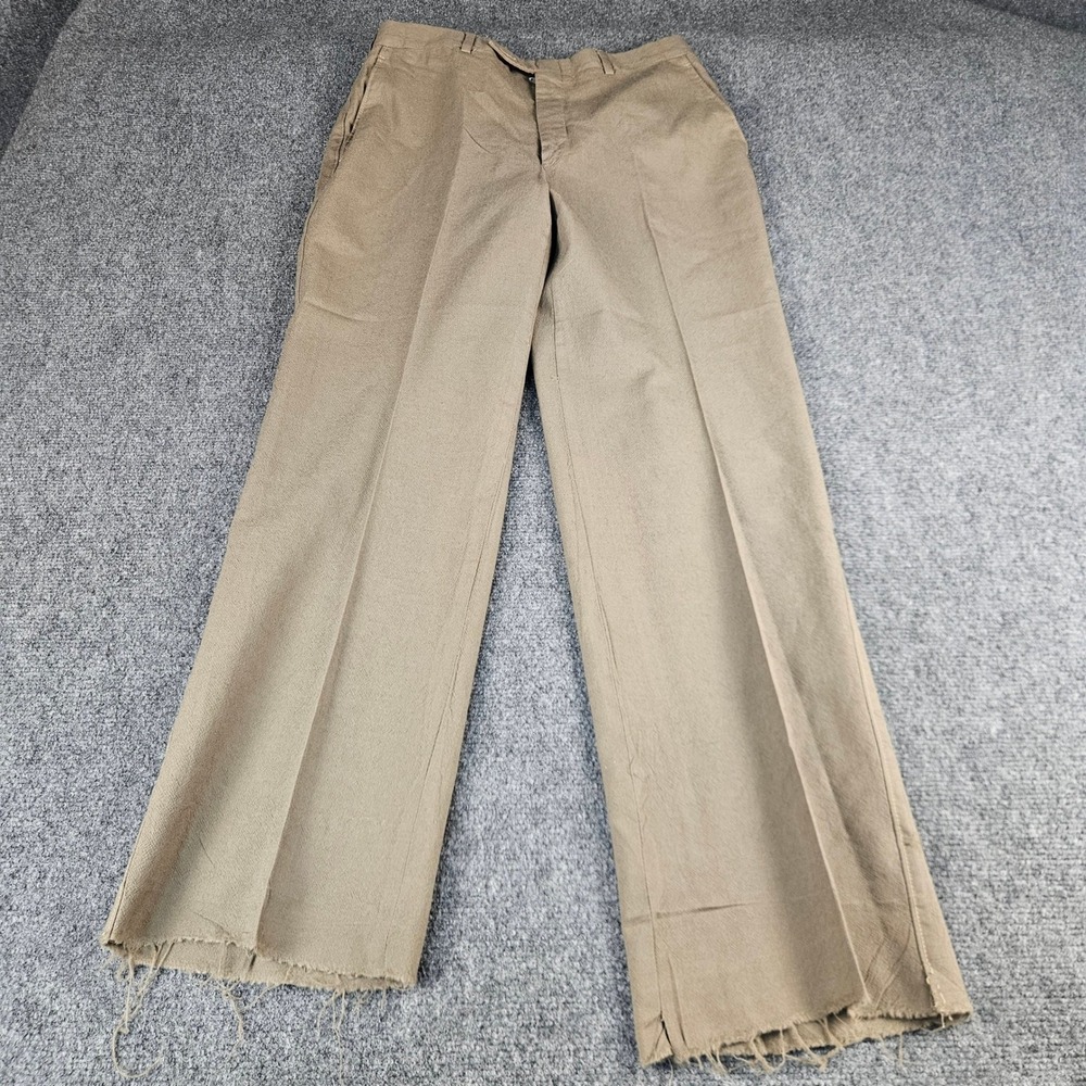 Barry Bricken Vintage 100%‎ Pure Virgin Wool Trousers Tan Khaki Raw Hem 34x31